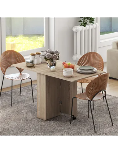 HOMCOM Folding Dining Table, Drop Leaf Table for Small Spaces with 2-tier Shelves, Small Kitchen Table with Rolling Casters, Nat