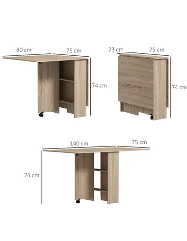 HOMCOM Folding Dining Table, Drop Leaf Table for Small Spaces with 2-tier Shelves, Small Kitchen Table with Rolling Casters, Nat