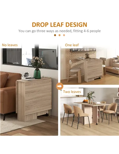 HOMCOM Folding Dining Table, Drop Leaf Table for Small Spaces with 2-tier Shelves, Small Kitchen Table with Rolling Casters, Nat