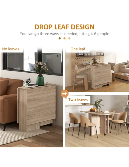 HOMCOM Folding Dining Table, Drop Leaf Table for Small Spaces with 2-tier Shelves, Small Kitchen Table with Rolling Casters, Nat