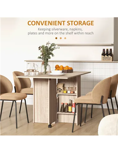HOMCOM Folding Dining Table, Drop Leaf Table for Small Spaces with 2-tier Shelves, Small Kitchen Table with Rolling Casters, Nat