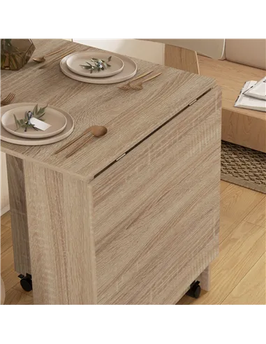 HOMCOM Folding Dining Table, Drop Leaf Table for Small Spaces with 2-tier Shelves, Small Kitchen Table with Rolling Casters, Nat