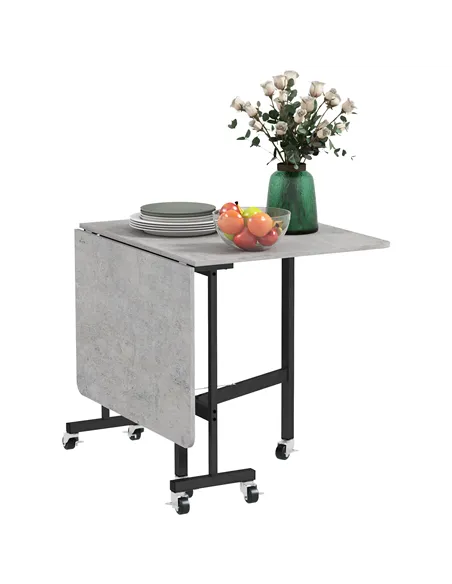 HOMCOM Mobile Drop Leaf Table, Folding Dining Table with 6 Wheels & Brakes, Kitchen Table for Small Spaces, Grey Marble Effect