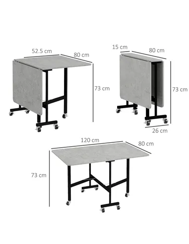 HOMCOM Mobile Drop Leaf Table, Folding Dining Table with 6 Wheels & Brakes, Kitchen Table for Small Spaces, Grey Marble Effect