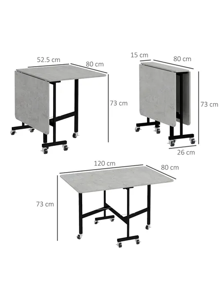 HOMCOM Mobile Drop Leaf Table, Folding Dining Table with 6 Wheels & Brakes, Kitchen Table for Small Spaces, Grey Marble Effect