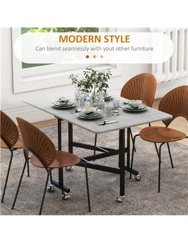 HOMCOM Mobile Drop Leaf Table, Folding Dining Table with 6 Wheels & Brakes, Kitchen Table for Small Spaces, Grey Marble Effect