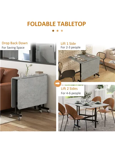 HOMCOM Mobile Drop Leaf Table, Folding Dining Table with 6 Wheels & Brakes, Kitchen Table for Small Spaces, Grey Marble Effect