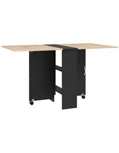 HOMCOM Folding Dining Table, Drop Leaf Table with 2-Tier Shelves, Rolling Casters, for Small Spaces, Kitchen, Oak and Black