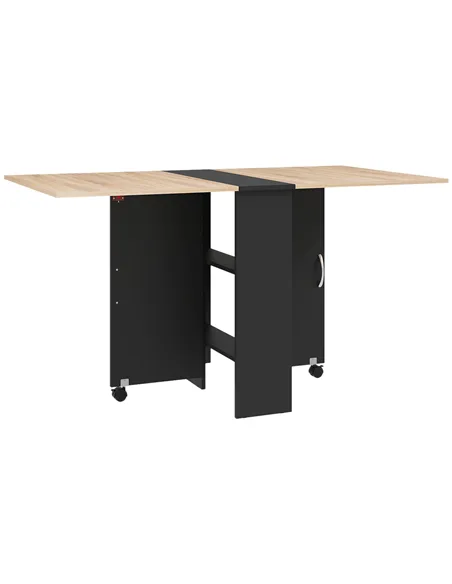 HOMCOM Folding Dining Table, Drop Leaf Table with 2-Tier Shelves, Rolling Casters, for Small Spaces, Kitchen, Oak and Black