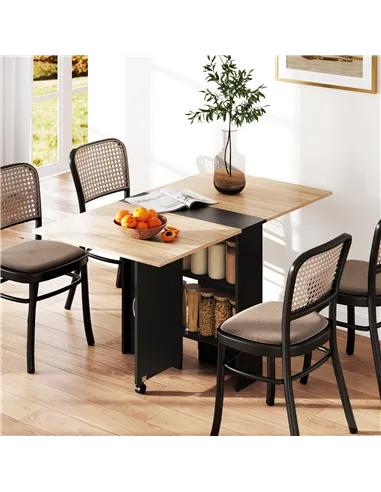 HOMCOM Folding Dining Table, Drop Leaf Table with 2-Tier Shelves, Rolling Casters, for Small Spaces, Kitchen, Oak and Black