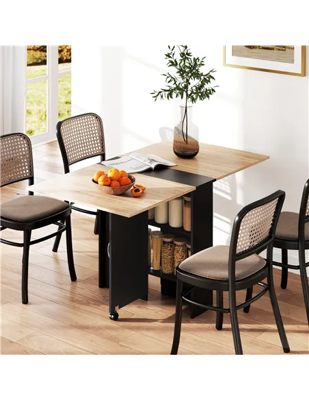 HOMCOM Folding Dining Table, Drop Leaf Table with 2-Tier Shelves, Rolling Casters, for Small Spaces, Kitchen, Oak and Black