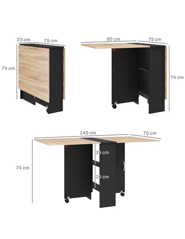 HOMCOM Folding Dining Table, Drop Leaf Table with 2-Tier Shelves, Rolling Casters, for Small Spaces, Kitchen, Oak and Black