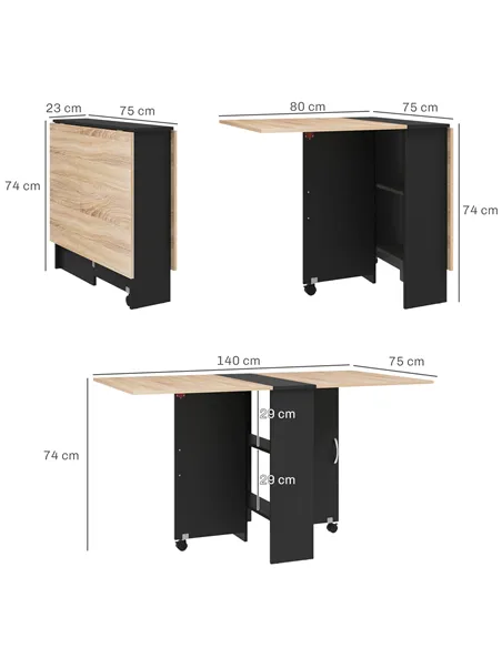 HOMCOM Folding Dining Table, Drop Leaf Table with 2-Tier Shelves, Rolling Casters, for Small Spaces, Kitchen, Oak and Black