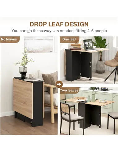 HOMCOM Folding Dining Table, Drop Leaf Table with 2-Tier Shelves, Rolling Casters, for Small Spaces, Kitchen, Oak and Black