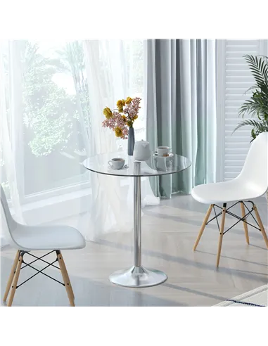 HOMCOM Round Dining Table, Modern Dining Room Table with Tempered Glass Top, Steel Base, Space Saving Small Bar Table