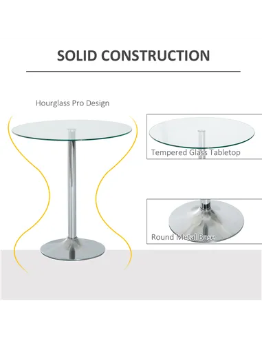 HOMCOM Round Dining Table, Modern Dining Room Table with Tempered Glass Top, Steel Base, Space Saving Small Bar Table