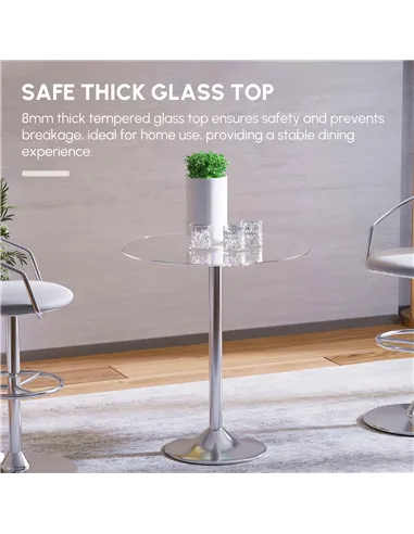 HOMCOM Round Dining Table, Modern Dining Room Table with Tempered Glass Top, Steel Base, Space Saving Small Bar Table
