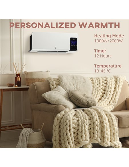 HOMCOM 2000W Wall-Mounted Heater, 18-45°C Temperature, White
