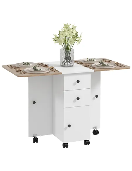HOMCOM Multi-Storage Six-Person Drop Leaf Dining Table -  Oak and White