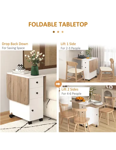 HOMCOM Multi-Storage Six-Person Drop Leaf Dining Table -  Oak and White