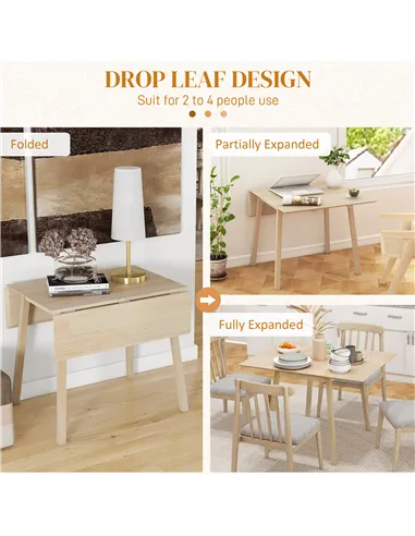 HOMCOM Solid Wood Folding Dining Table, Drop Leaf Table for 2-4 People,  Rectangle Kitchen Table for Small Space, Natural Wood F