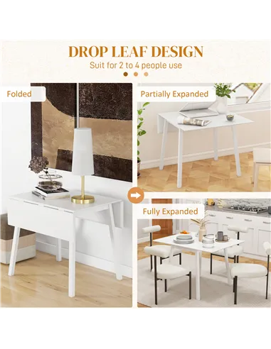 HOMCOM Solid Wood Folding Dining Table, Drop Leaf Table for 2-4 People, Rectangle Kitchen Table for Small Space, White