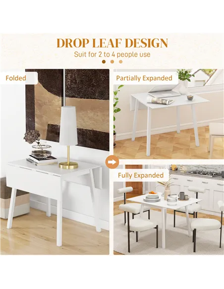 HOMCOM Solid Wood Folding Dining Table, Drop Leaf Table for 2-4 People, Rectangle Kitchen Table for Small Space, White