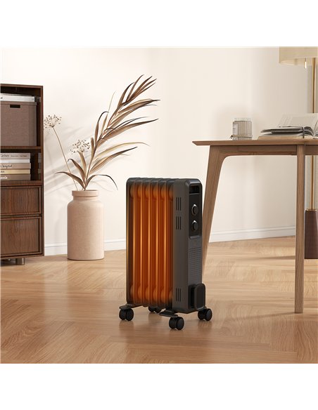 HOMCOM 1500W Oil Filled Radiator, 7 Fin, Portable Electric Heater with 3 Heat Settings, Safety Cut-Off and Wheels, Grey