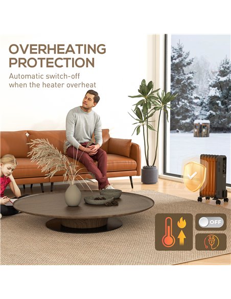 HOMCOM 1500W Oil Filled Radiator, 7 Fin, Portable Electric Heater with 3 Heat Settings, Safety Cut-Off and Wheels, Grey