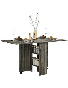 HOMCOM Folding Dining Table, Drop Leaf Table with 2-Tier Shelves, Rolling Casters, for Small Spaces, Kitchen, Grey
