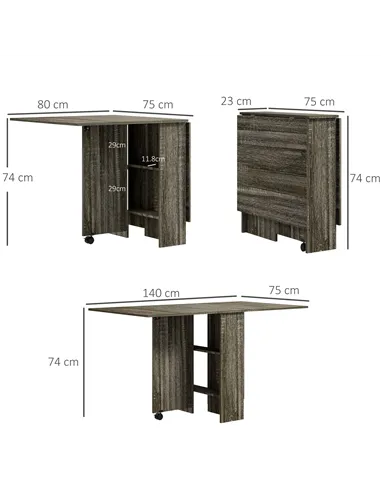 HOMCOM Folding Dining Table, Drop Leaf Table with 2-Tier Shelves, Rolling Casters, for Small Spaces, Kitchen, Grey