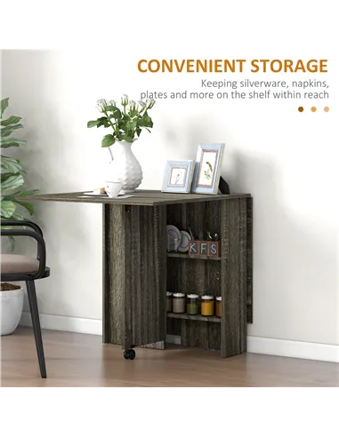 HOMCOM Folding Dining Table, Drop Leaf Table with 2-Tier Shelves, Rolling Casters, for Small Spaces, Kitchen, Grey