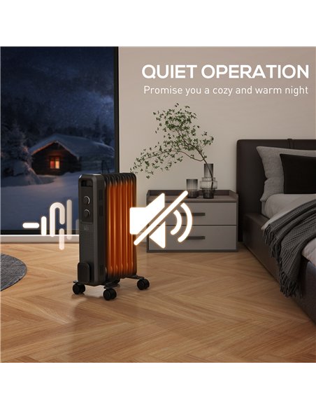 HOMCOM 1500W Oil Filled Radiator, 7 Fin, Portable Electric Heater with 3 Heat Settings, Safety Cut-Off and Wheels, Grey