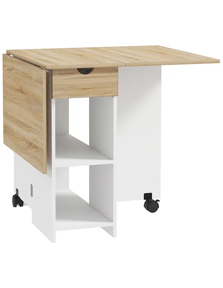 HOMCOM Folding Dining Table, Drop Leaf Table for Small Spaces, Foldable Table with Drawer and Storage Shelves for Kitchen, Dinin
