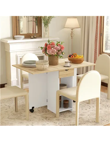 HOMCOM Folding Dining Table, Drop Leaf Table for Small Spaces, Foldable Table with Drawer and Storage Shelves for Kitchen, Dinin