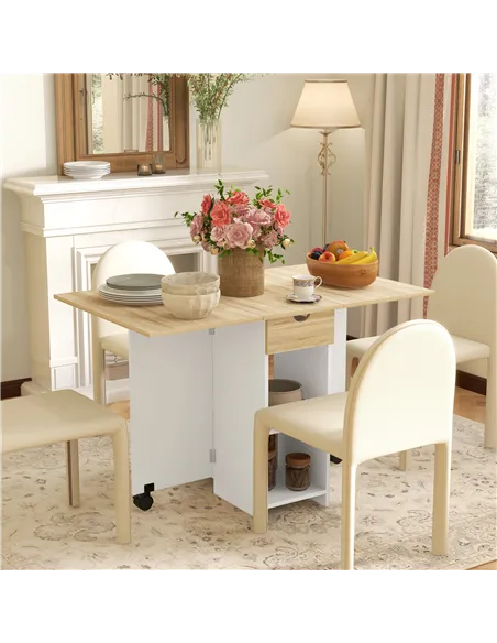 HOMCOM Folding Dining Table, Drop Leaf Table for Small Spaces, Foldable Table with Drawer and Storage Shelves for Kitchen, Dinin