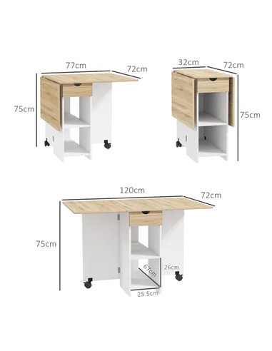 HOMCOM Folding Dining Table, Drop Leaf Table for Small Spaces, Foldable Table with Drawer and Storage Shelves for Kitchen, Dinin