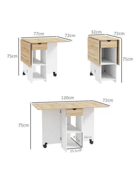 HOMCOM Folding Dining Table, Drop Leaf Table for Small Spaces, Foldable Table with Drawer and Storage Shelves for Kitchen, Dinin