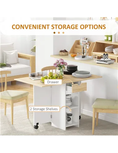 HOMCOM Folding Dining Table, Drop Leaf Table for Small Spaces, Foldable Table with Drawer and Storage Shelves for Kitchen, Dinin