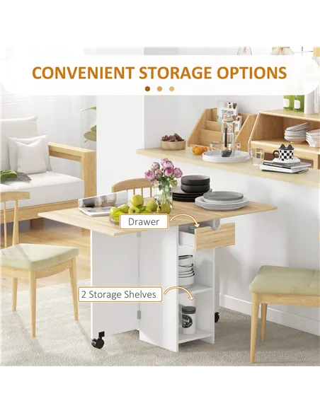 HOMCOM Folding Dining Table, Drop Leaf Table for Small Spaces, Foldable Table with Drawer and Storage Shelves for Kitchen, Dinin