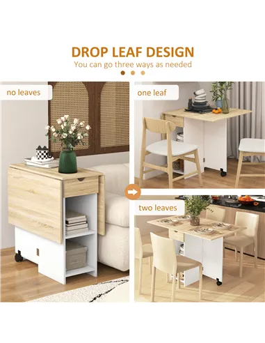 HOMCOM Folding Dining Table, Drop Leaf Table for Small Spaces, Foldable Table with Drawer and Storage Shelves for Kitchen, Dinin