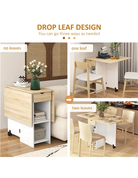 HOMCOM Folding Dining Table, Drop Leaf Table for Small Spaces, Foldable Table with Drawer and Storage Shelves for Kitchen, Dinin
