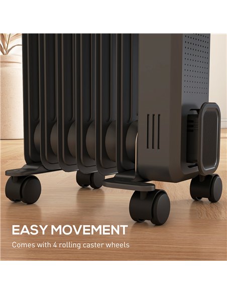 HOMCOM 1500W Oil Filled Radiator, 7 Fin, Portable Electric Heater with 3 Heat Settings, Safety Cut-Off and Wheels, Grey