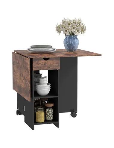 HOMCOM Folding Dining Table, Drop Leaf Table for Small Spaces, Foldable Table with Drawer and Storage Shelves for Kitchen, Dinin