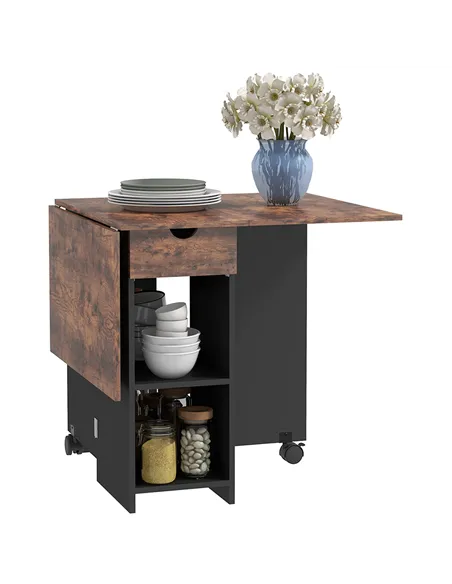 HOMCOM Folding Dining Table, Drop Leaf Table for Small Spaces, Foldable Table with Drawer and Storage Shelves for Kitchen, Dinin