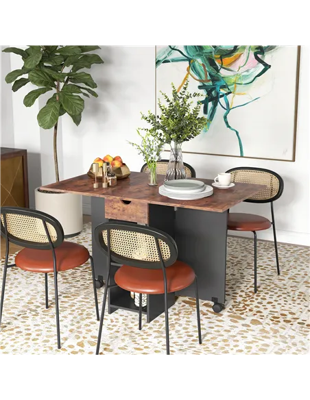 HOMCOM Folding Dining Table, Drop Leaf Table for Small Spaces, Foldable Table with Drawer and Storage Shelves for Kitchen, Dinin