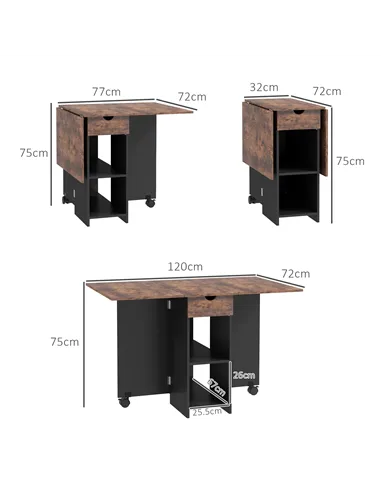 HOMCOM Folding Dining Table, Drop Leaf Table for Small Spaces, Foldable Table with Drawer and Storage Shelves for Kitchen, Dinin