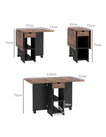 HOMCOM Folding Dining Table, Drop Leaf Table for Small Spaces, Foldable Table with Drawer and Storage Shelves for Kitchen, Dinin