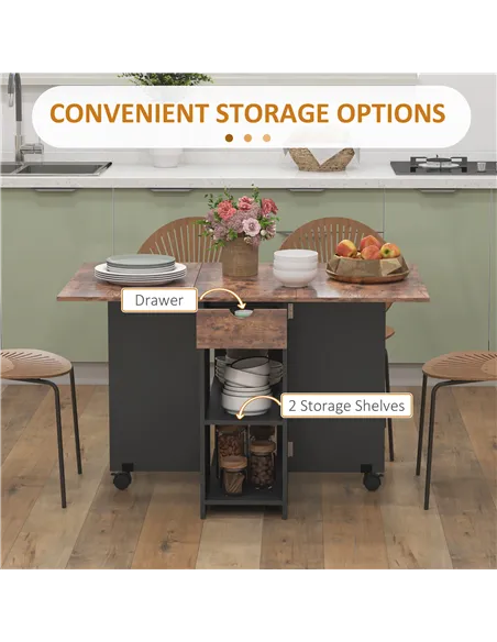 HOMCOM Folding Dining Table, Drop Leaf Table for Small Spaces, Foldable Table with Drawer and Storage Shelves for Kitchen, Dinin