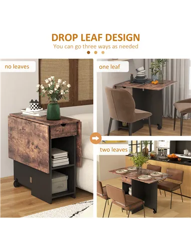 HOMCOM Folding Dining Table, Drop Leaf Table for Small Spaces, Foldable Table with Drawer and Storage Shelves for Kitchen, Dinin